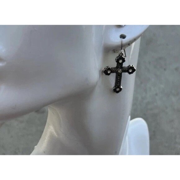Vintage Cross Silver Tone Hook Religious Cross Dangle White Stone Earrings 1” - Picture 16 of 16